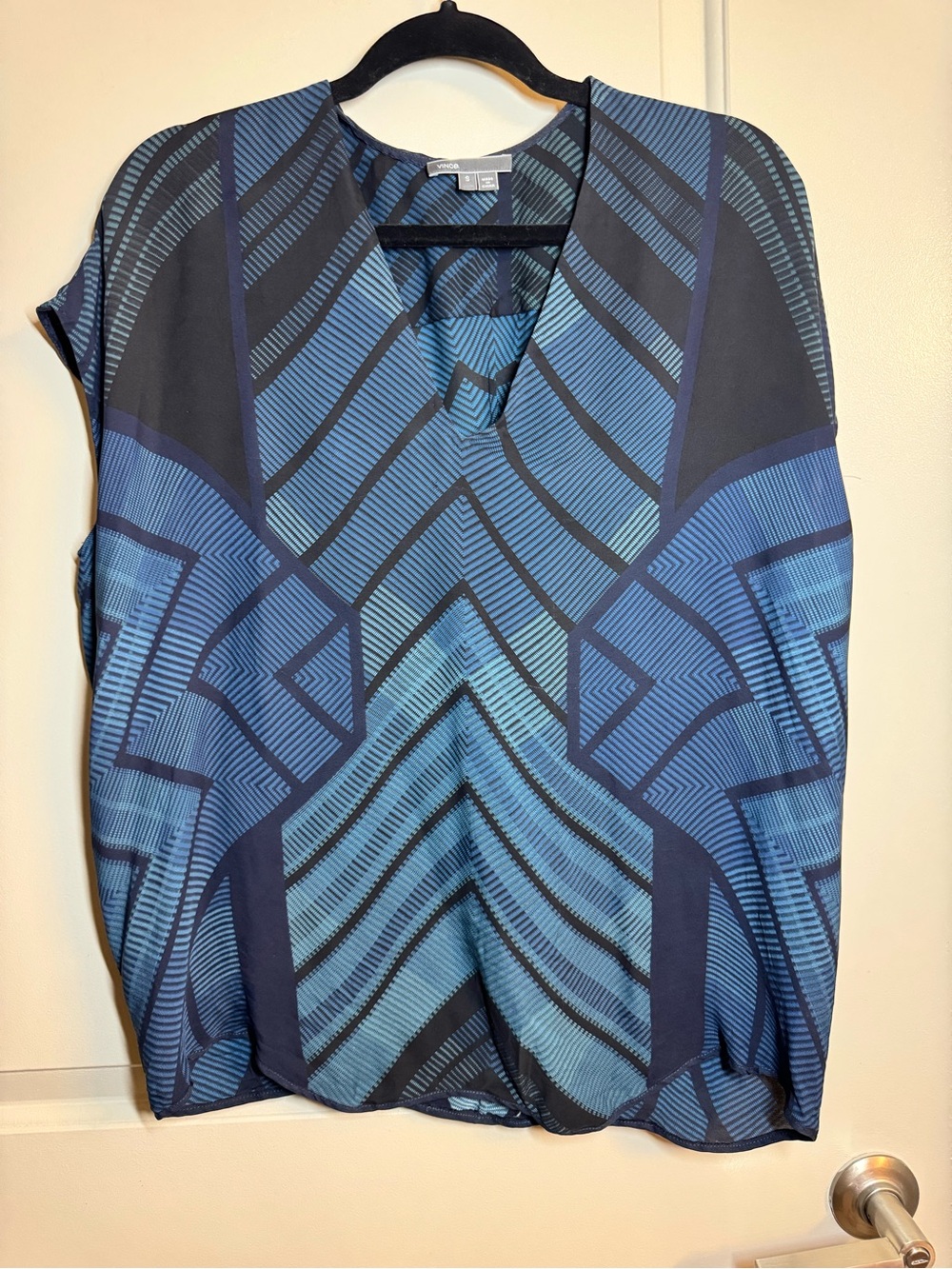Vince Blue and Navy Geometric V-Neck Blouse